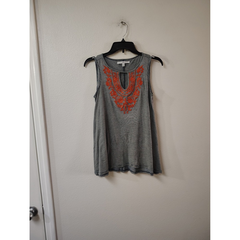 Fever Womens Small Tank Top Navy White Striped Orange Floral Embroidered Boho